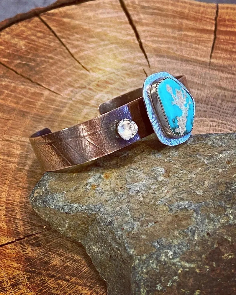Copper cuff with leaf texture and Tyrone turquoise with silver accents