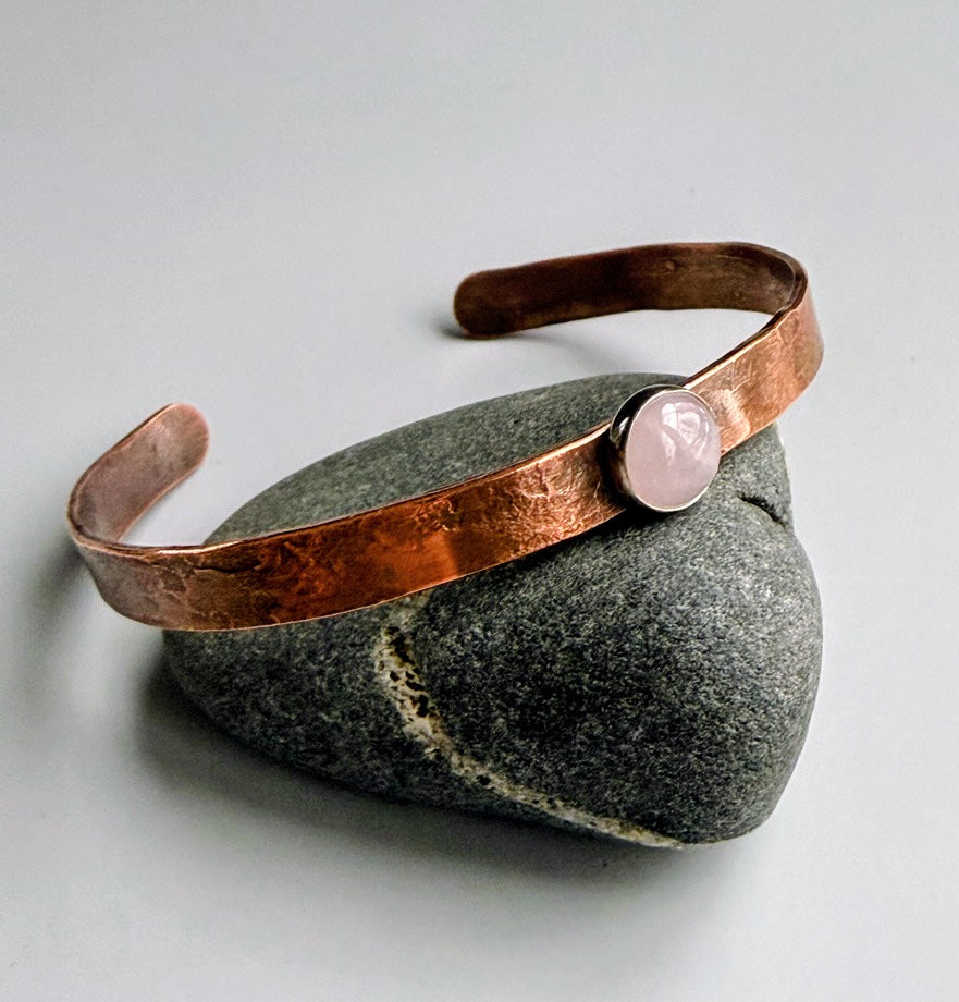 Hammered copper cuff with rose quartz, #2