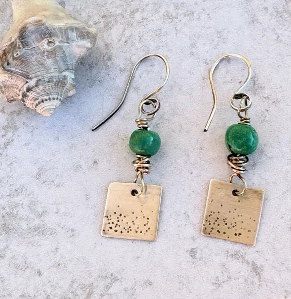 Brushed silver squares with dot texture and turquoise beads