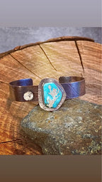 Copper cuff with leaf texture and Tyrone turquoise with silver accents