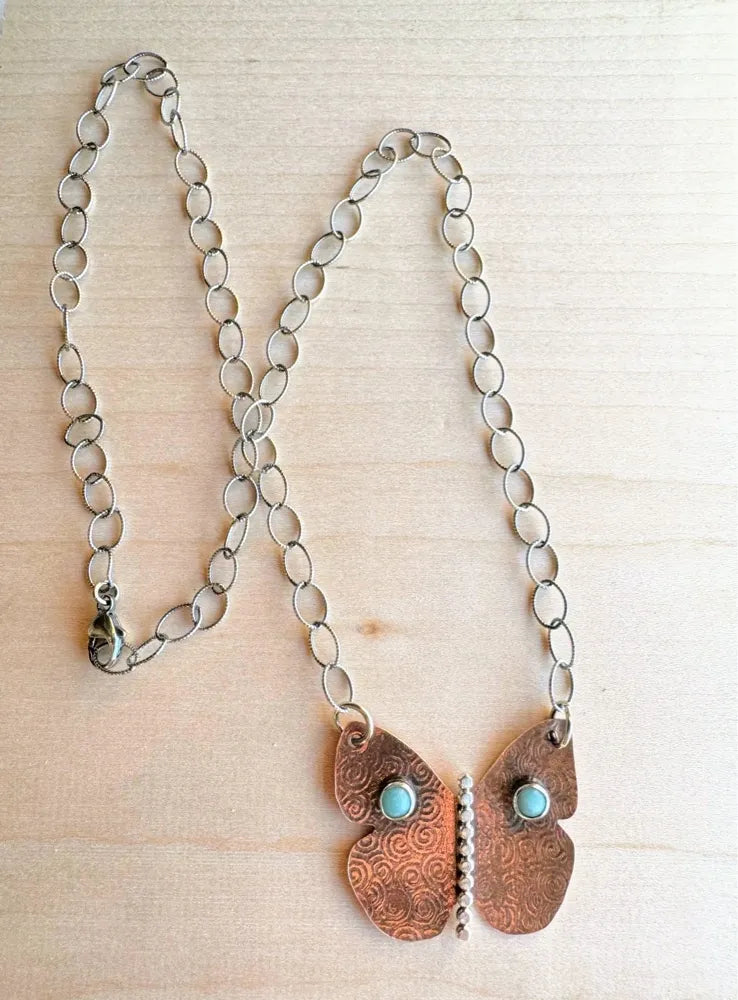 Copper butterfly with amazonite and silver