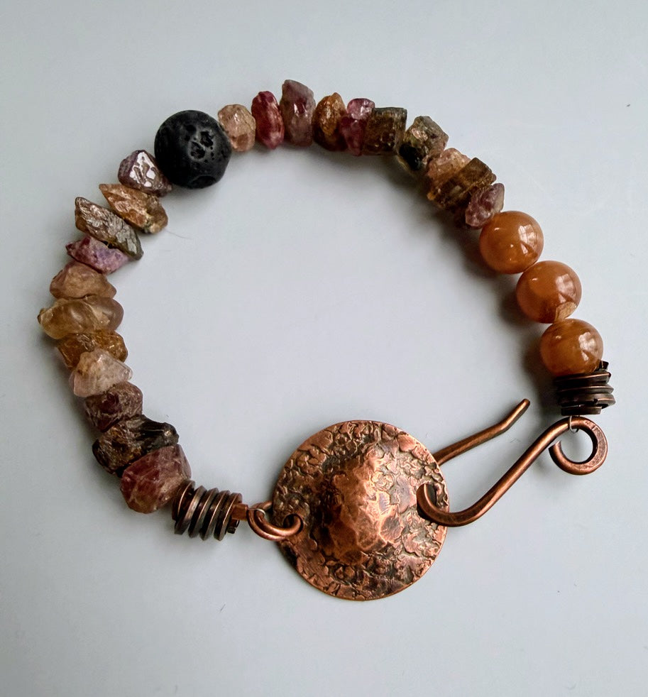 Aromatherapy bracelet, honey rhodochrosite, spinel and andalusite