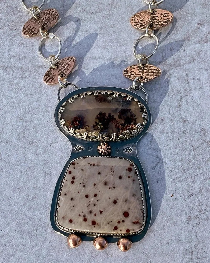 West Java, plume, agate, and red freckle dolomite necklace