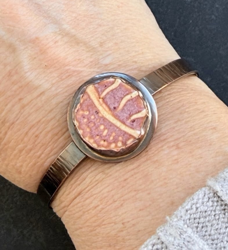 Copper Cuff with Dusty Rose Porcelain Ceramic Cabochon
