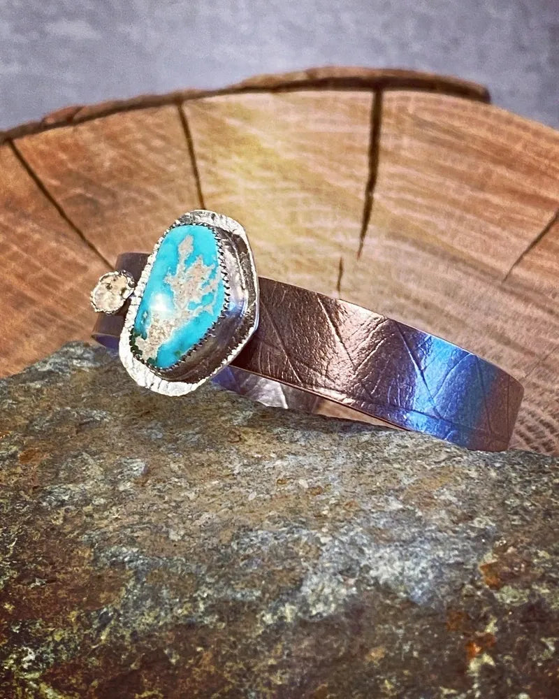 Copper cuff with leaf texture and Tyrone turquoise with silver accents