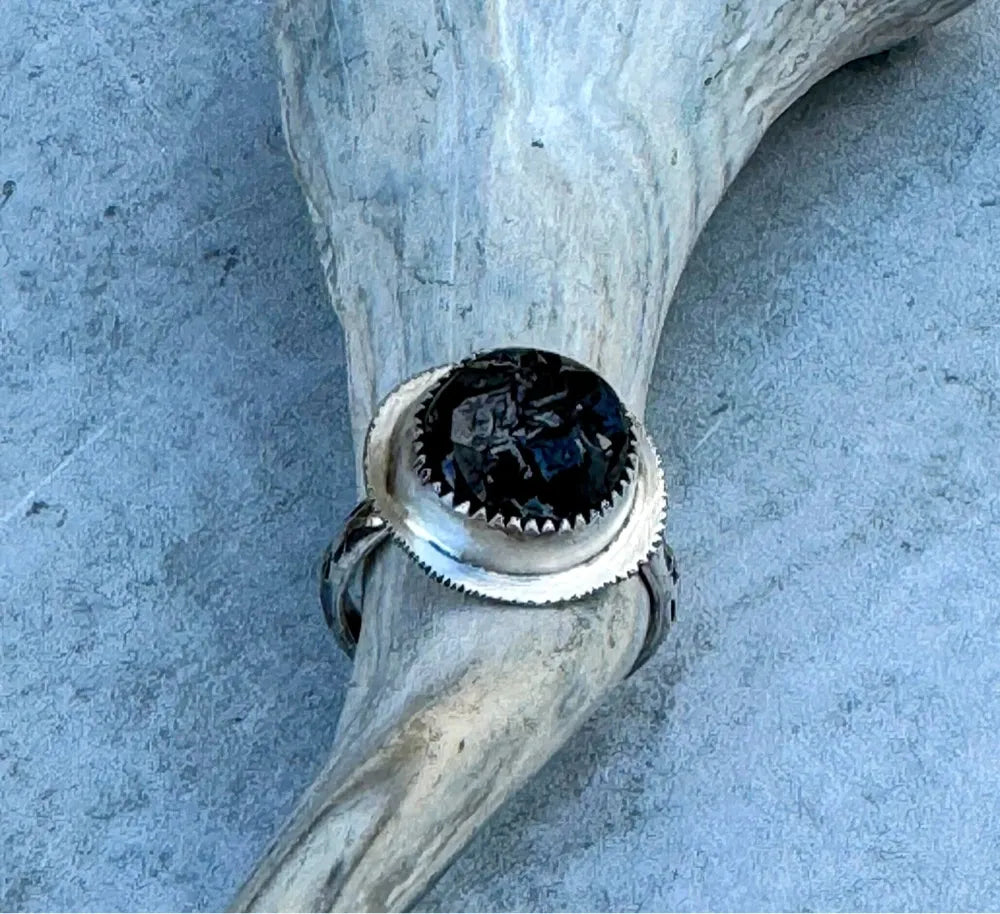 Raw Black Garnet and Silver Ring