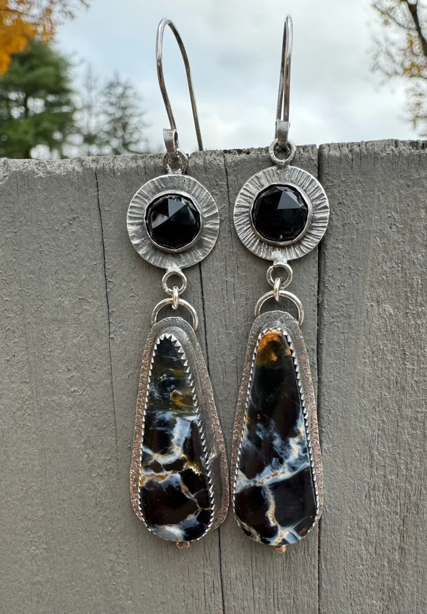 Pietersite + rose-cut black onyx — a moody, mesmerizing duo. Set in sterling silver with 14k gold-filled accents