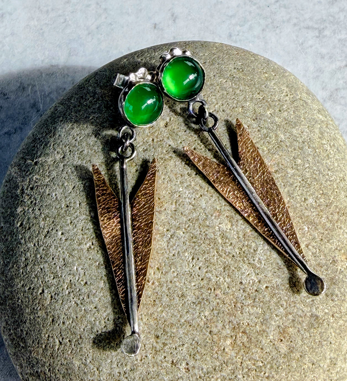 Midcentury Modern Atomic Earrings with Green Agate