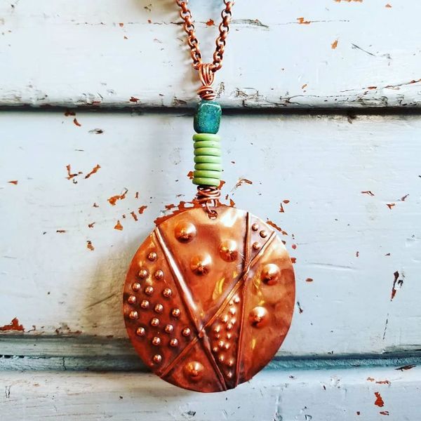 Foldformed Copper disk with chrysocolla and green African trade beads