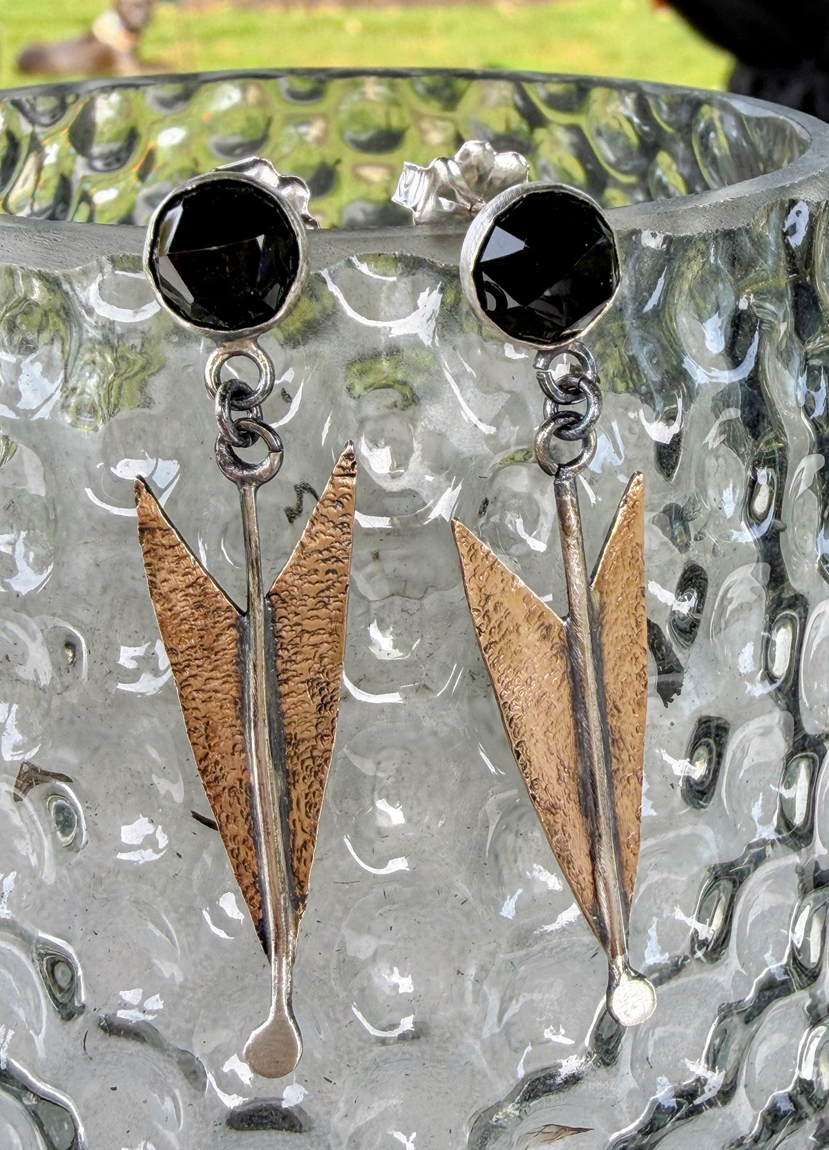 Mid-century modern atomic earrings faceted black Onyx
