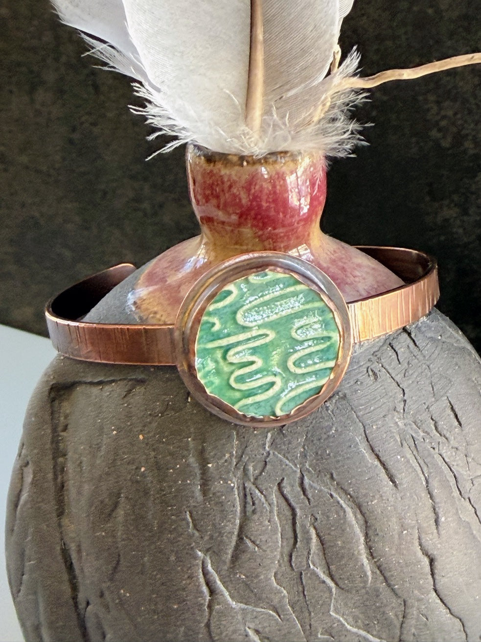 Copper Cuff with Sage Green Ceramic Cabochon