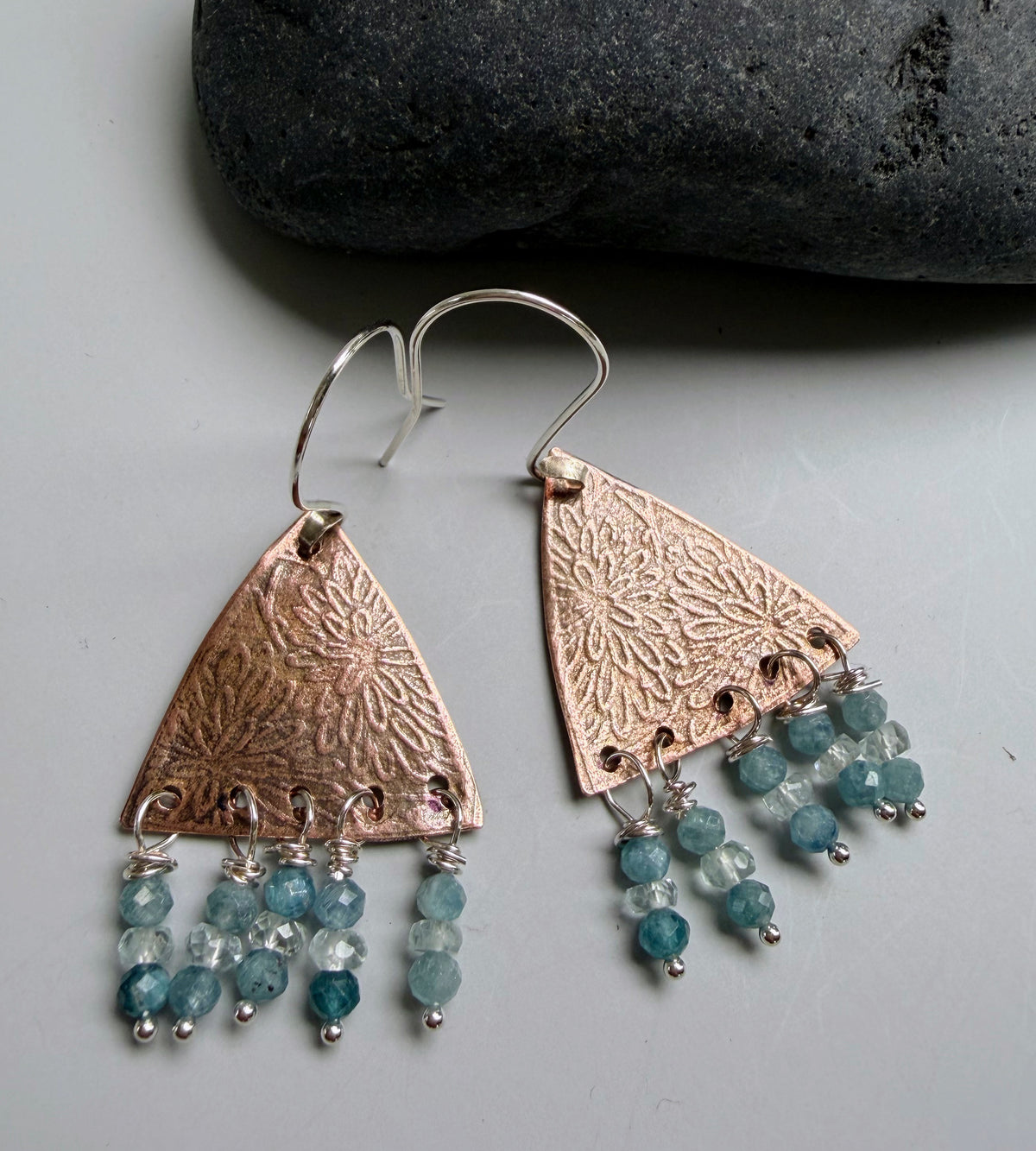 Copper garden earrings kyanite and aquamarine