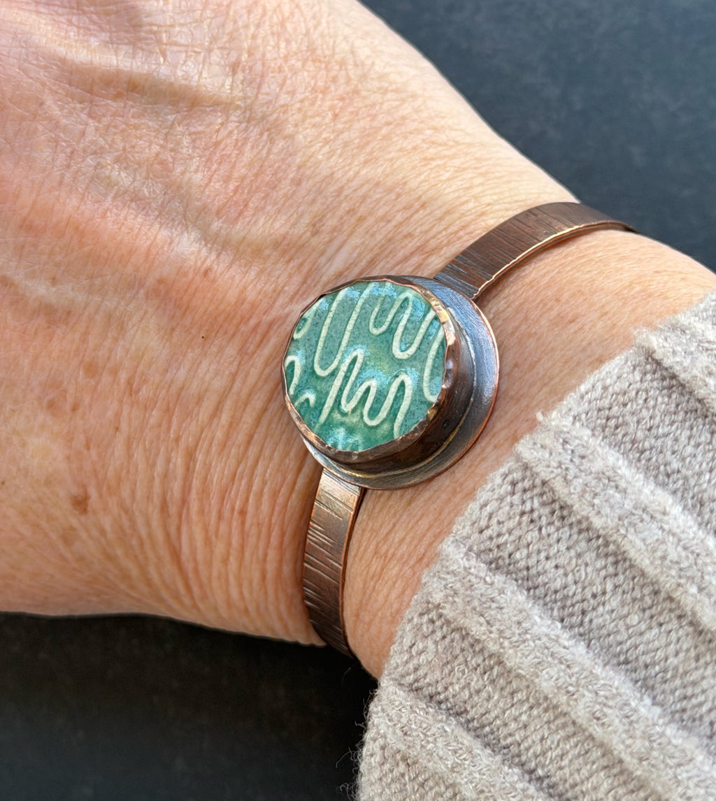 Copper Cuff with Sage Green Ceramic Cabochon