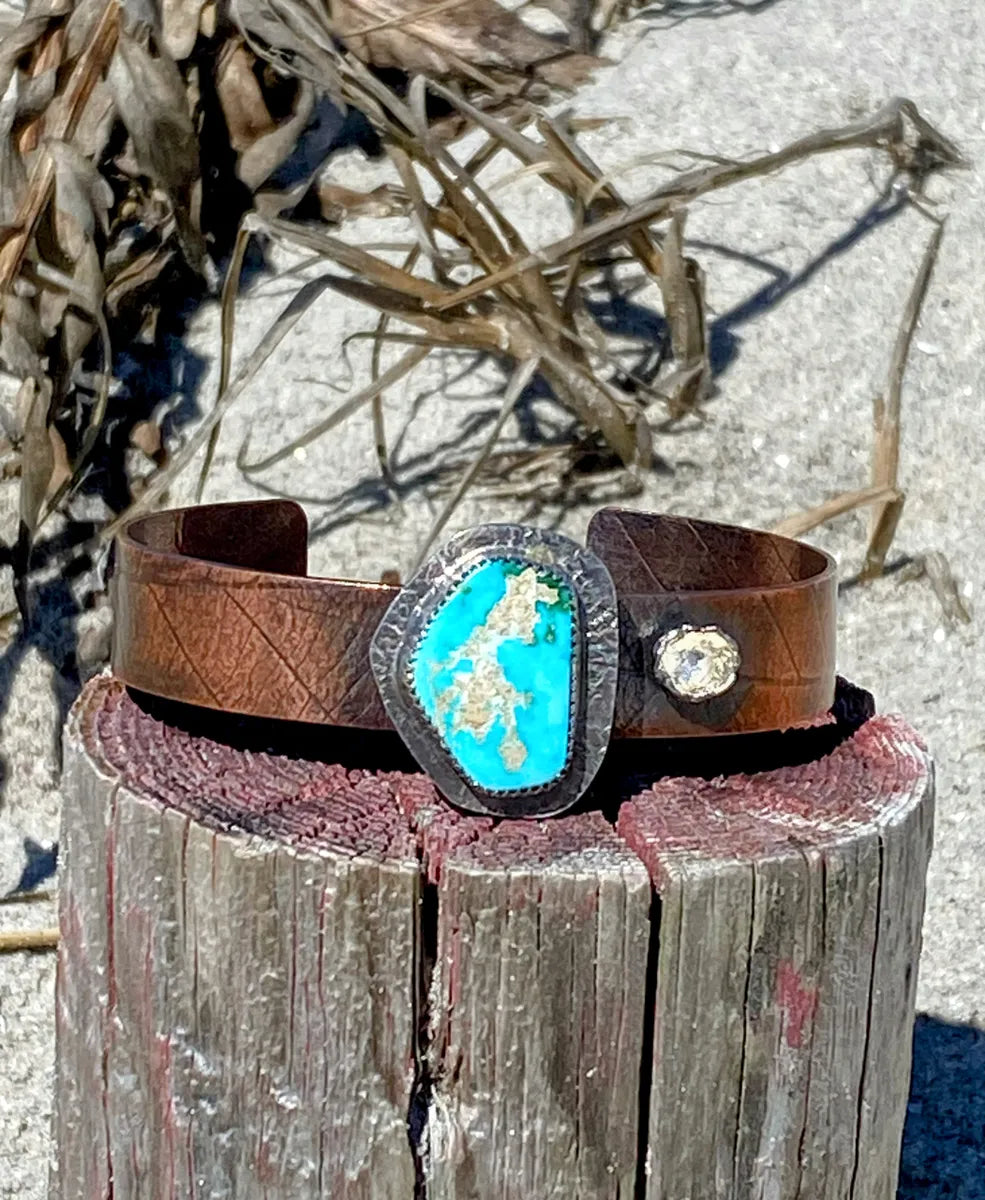 Copper cuff with leaf texture and Tyrone turquoise with silver accents