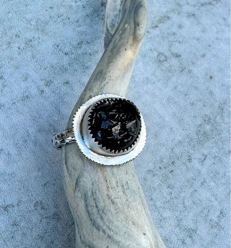 Raw Black Garnet and Silver Ring