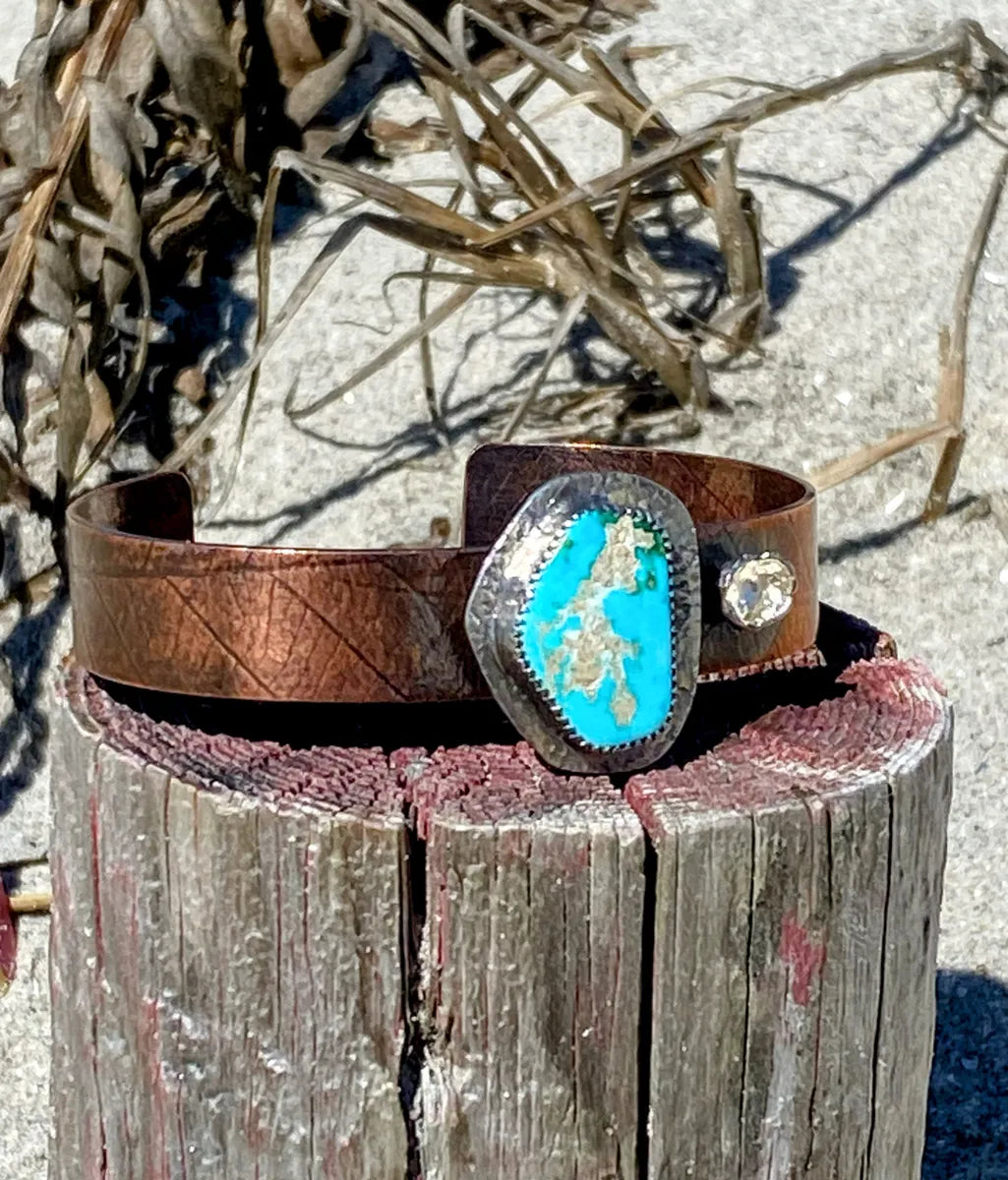 Copper cuff with leaf texture and Tyrone turquoise with silver accents
