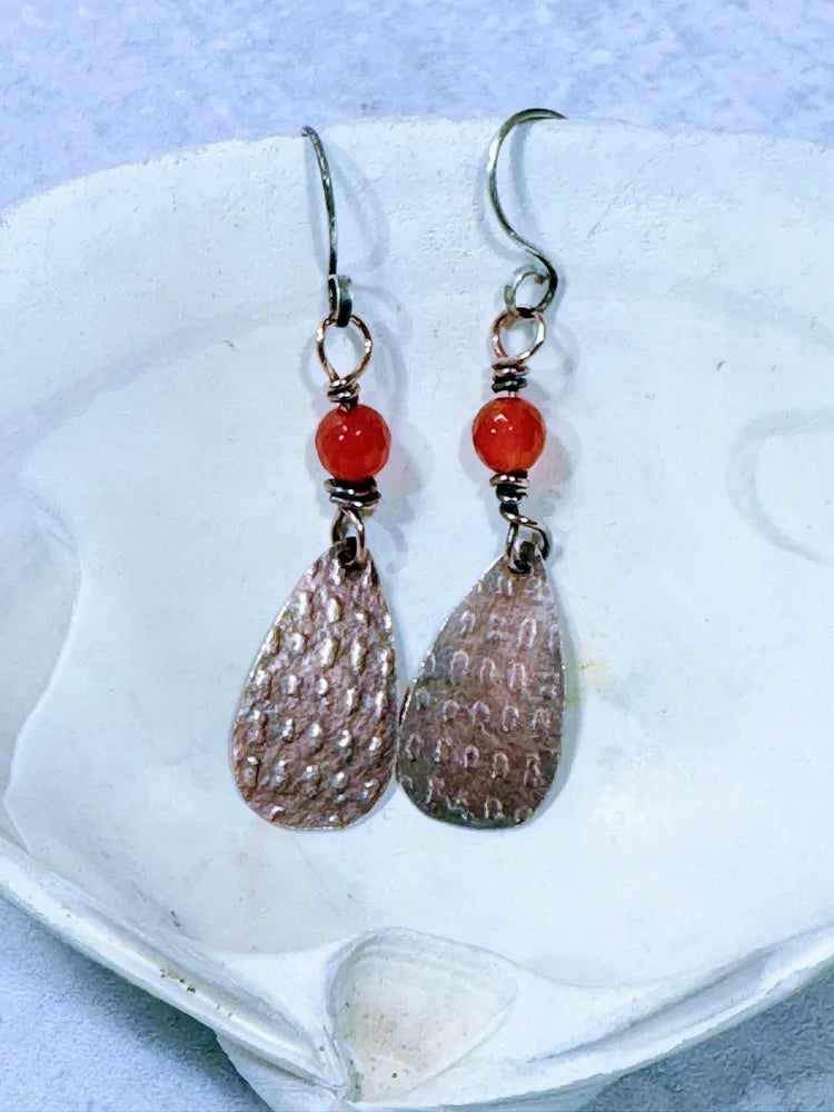 Roll printed copper teardrops with Carnelian
