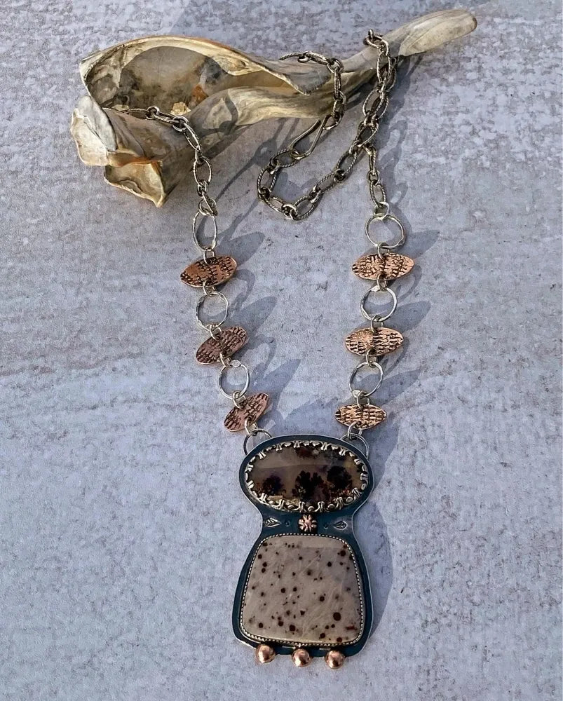 West Java, plume, agate, and red freckle dolomite necklace