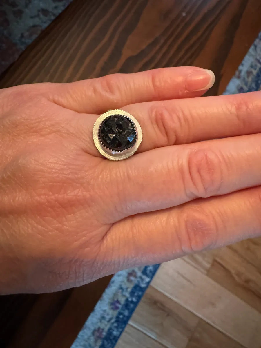 Raw Black Garnet and Silver Ring