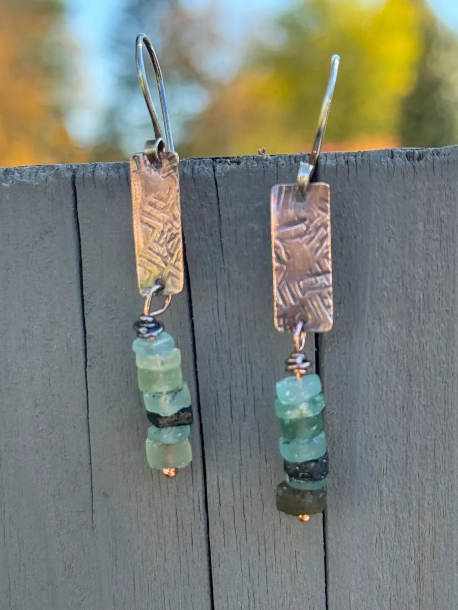 Copper texturedrectangles with Roman glass beads