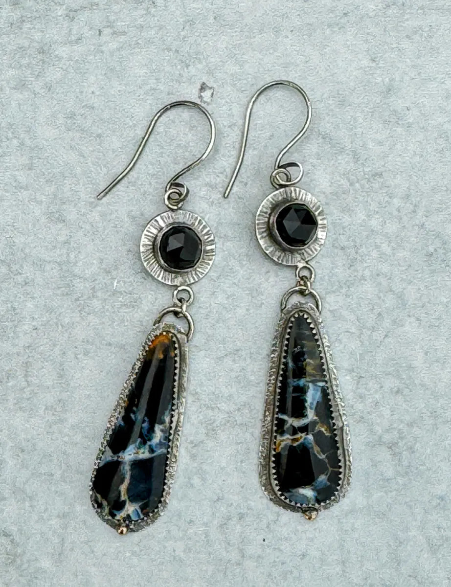 Pietersite + rose-cut black onyx — a moody, mesmerizing duo. Set in sterling silver with 14k gold-filled accents