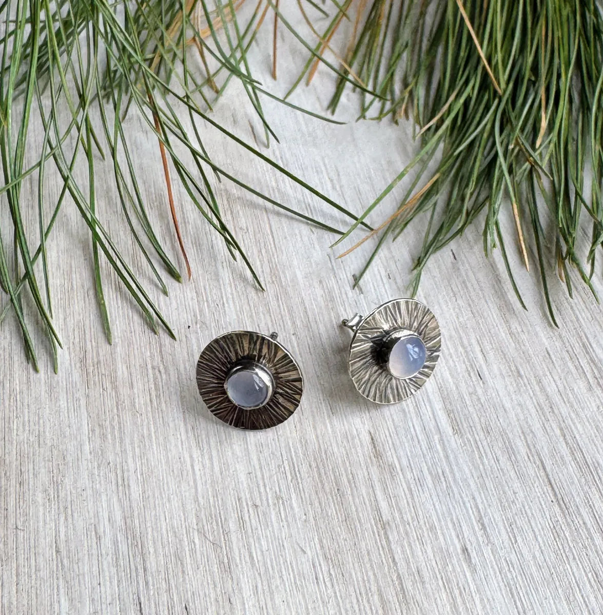 Tiny silver studs with blue chalcedony