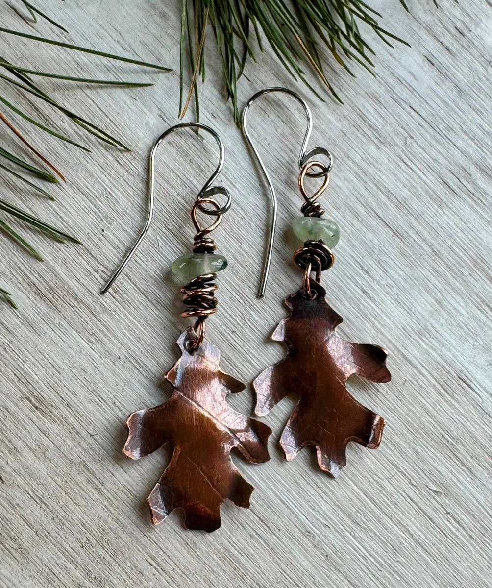 Copper Oak leaf earrings with prehnite beads