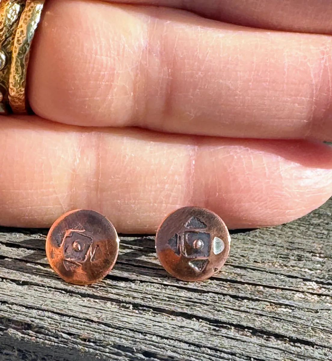 Tiny copper studs with geometric stamping
